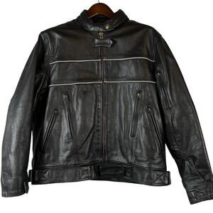 Mens 3XL Xelement Leather Motorcycle Jacket Black Silver Stripe Zip Liner Pocket
